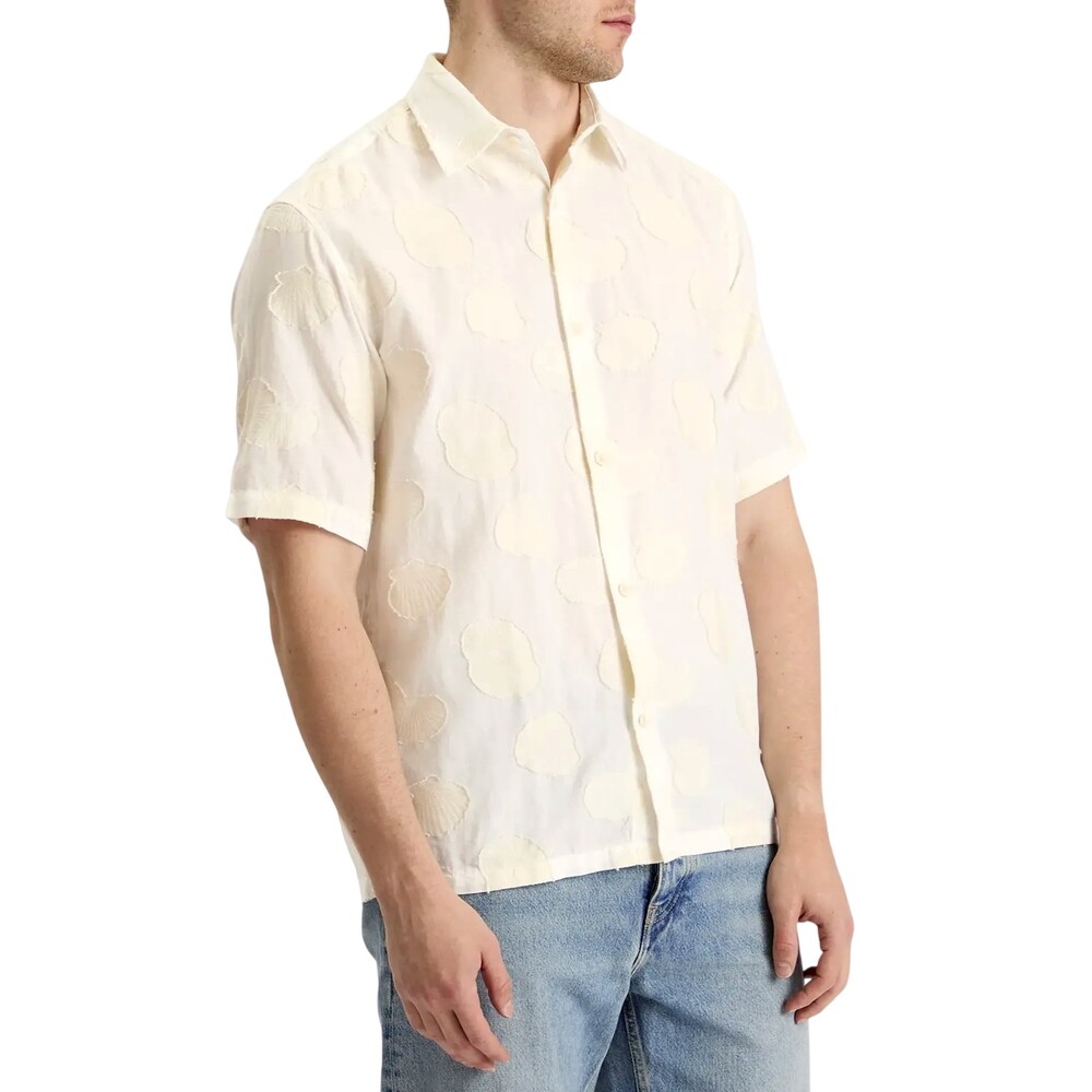 NN07 Freddy Jacquard Shell Shirt Mens Small White Organic Cotton Short Sleeve
